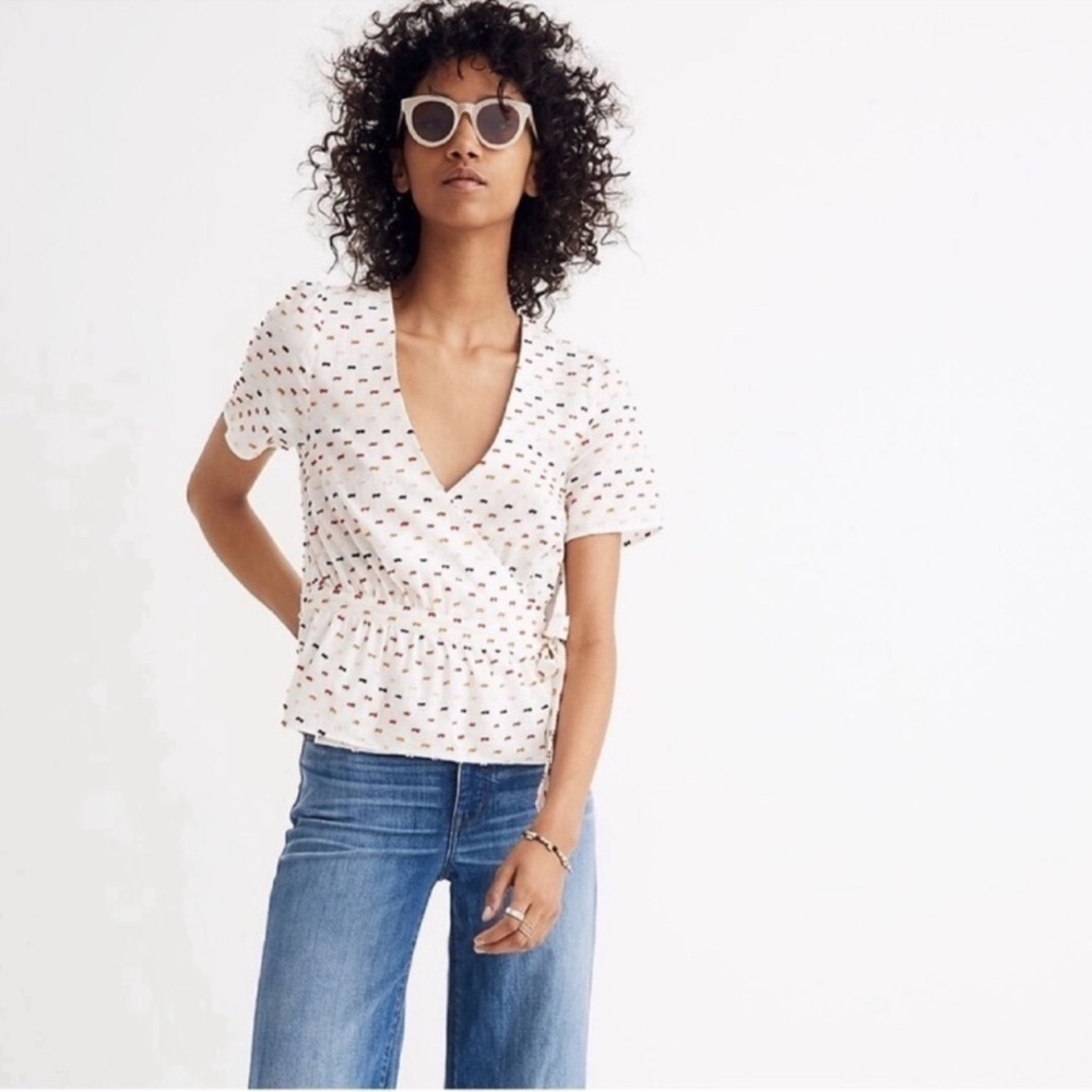 Madewell Ruffle-Hem Clipdot Short Sleeve Lightweight Boho Wrap Top Blouse